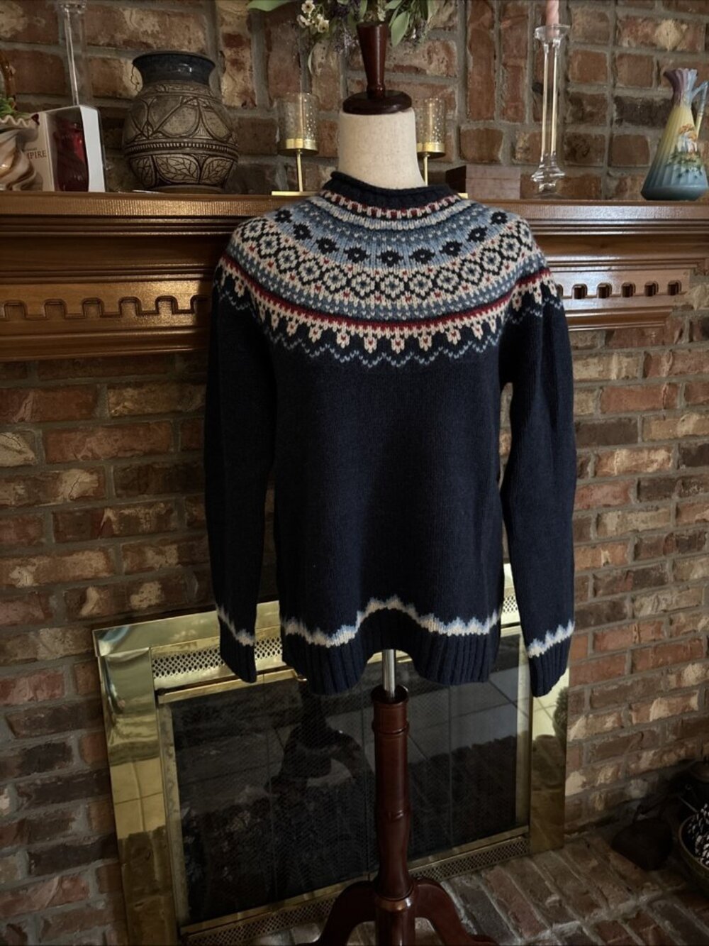 Ll Bean Blue Fair Isle Pullover Sweater Size Large 100% Lambs Wool Nordic